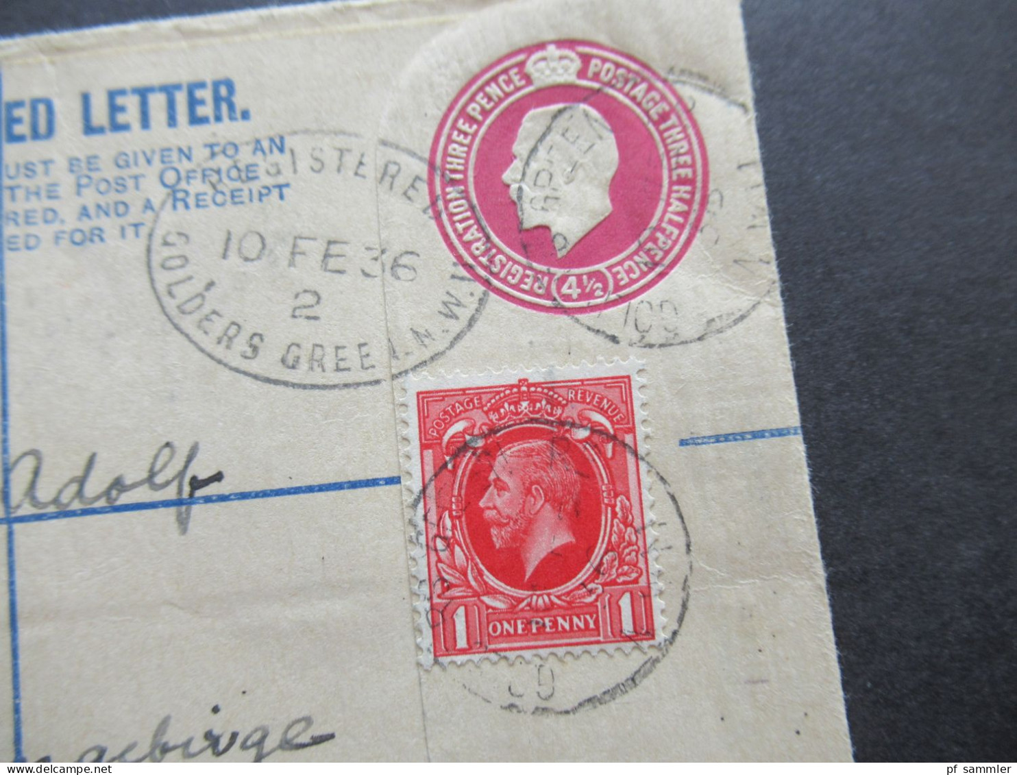 GB 1936 GA Umschlag Registered Letter / Registered Golders Green 5 Nach Petzer Riesengebrge CSR Mit Ank. Stempel - Brieven En Documenten
