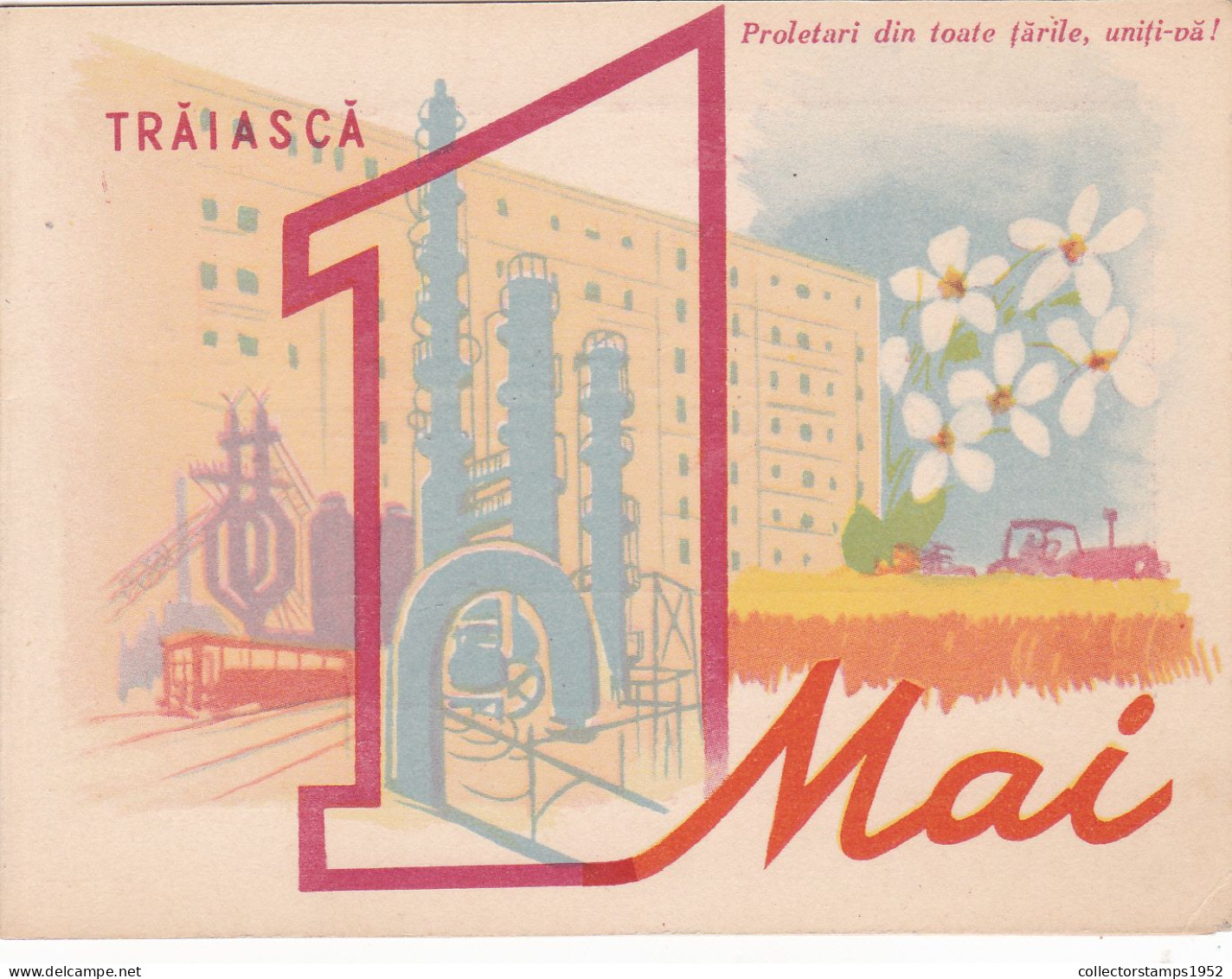 Communist Propaganda, May 1, Trams, Agriculture, ROMANIA,RESITA. - Brieven En Documenten