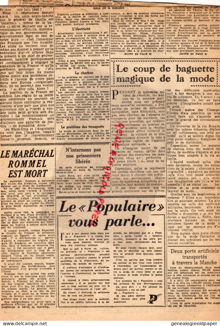 87-LIMOGES- LE POPULAIRE DU CENTRE 17-10-1944- GUERRE 1939-1945-ROMMEL-HONGRIE-DARQUIER DE PELLEPOIX-AMIRAL PLATON- - Historical Documents