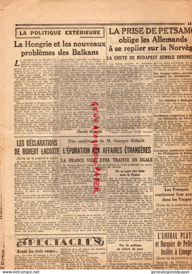 87-LIMOGES- LE POPULAIRE DU CENTRE 17-10-1944- GUERRE 1939-1945-ROMMEL-HONGRIE-DARQUIER DE PELLEPOIX-AMIRAL PLATON- - Documents Historiques