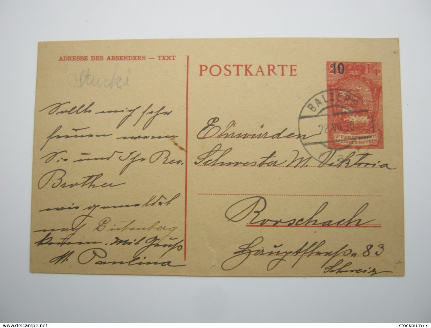 1930 , 10 Rappen Ganzsache  Aus BALZERS In Die Schweiz Verschickt , Randspalt - Interi Postali