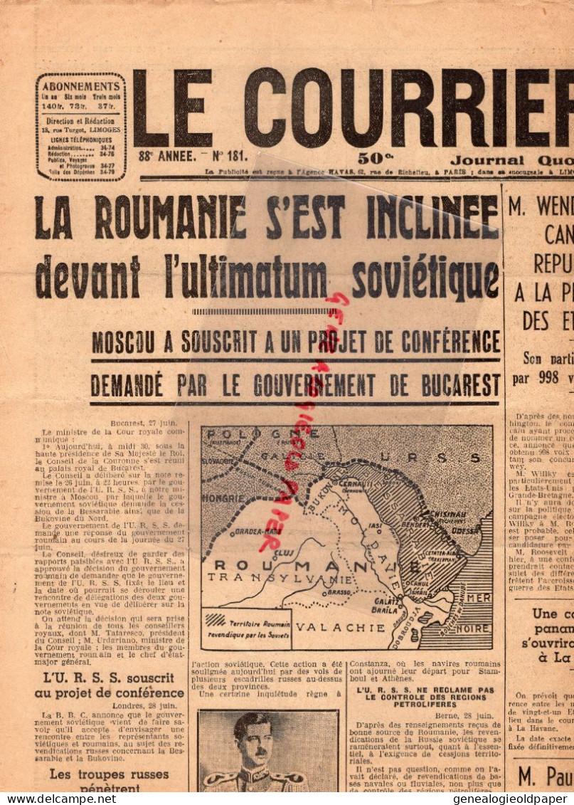 87-LIMOGES- LE COURRIER DU CENTRE-29 JUIN 1940-RAZES-BESSINES-BERSAC-BELLAC-ROUMANIE-CHATEAUROUX-AUBUSSON-GUERRE 1939 - Documentos Históricos