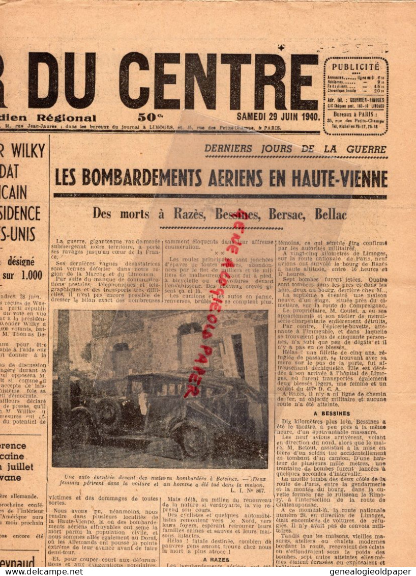 87-LIMOGES- LE COURRIER DU CENTRE-29 JUIN 1940-RAZES-BESSINES-BERSAC-BELLAC-ROUMANIE-CHATEAUROUX-AUBUSSON-GUERRE 1939 - Historical Documents