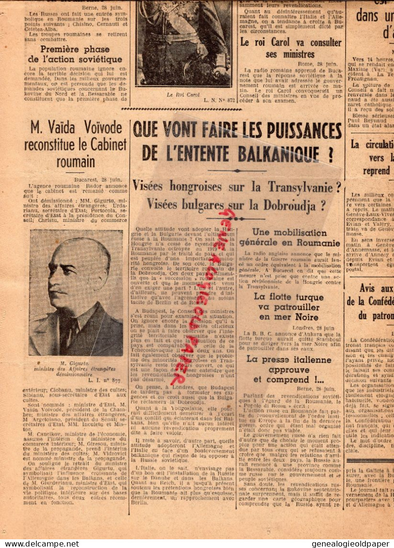 87-LIMOGES- LE COURRIER DU CENTRE-29 JUIN 1940-RAZES-BESSINES-BERSAC-BELLAC-ROUMANIE-CHATEAUROUX-AUBUSSON-GUERRE 1939 - Historical Documents