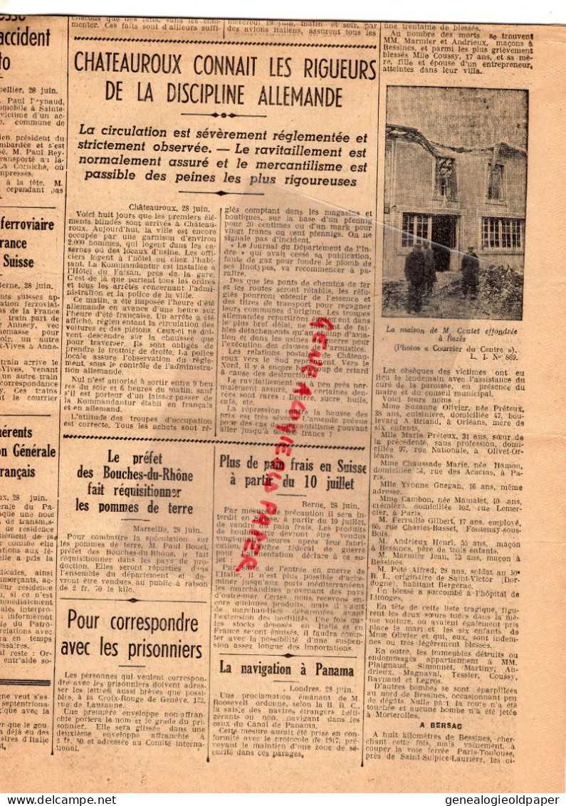 87-LIMOGES- LE COURRIER DU CENTRE-29 JUIN 1940-RAZES-BESSINES-BERSAC-BELLAC-ROUMANIE-CHATEAUROUX-AUBUSSON-GUERRE 1939 - Documentos Históricos