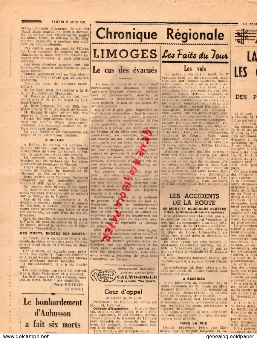 87-LIMOGES- LE COURRIER DU CENTRE-29 JUIN 1940-RAZES-BESSINES-BERSAC-BELLAC-ROUMANIE-CHATEAUROUX-AUBUSSON-GUERRE 1939 - Historical Documents