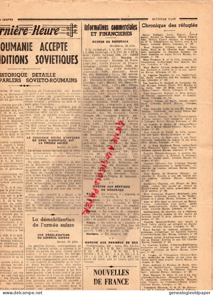 87-LIMOGES- LE COURRIER DU CENTRE-29 JUIN 1940-RAZES-BESSINES-BERSAC-BELLAC-ROUMANIE-CHATEAUROUX-AUBUSSON-GUERRE 1939