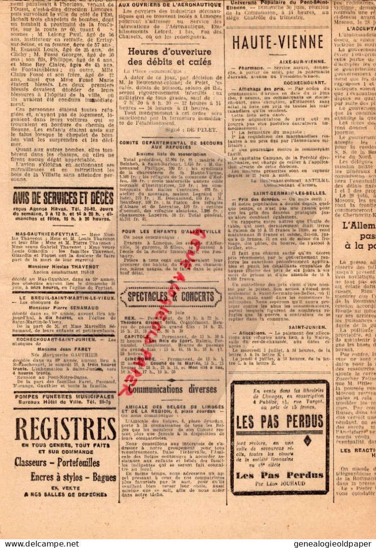 87-LIMOGES- LE COURRIER DU CENTRE-29 JUIN 1940-RAZES-BESSINES-BERSAC-BELLAC-ROUMANIE-CHATEAUROUX-AUBUSSON-GUERRE 1939