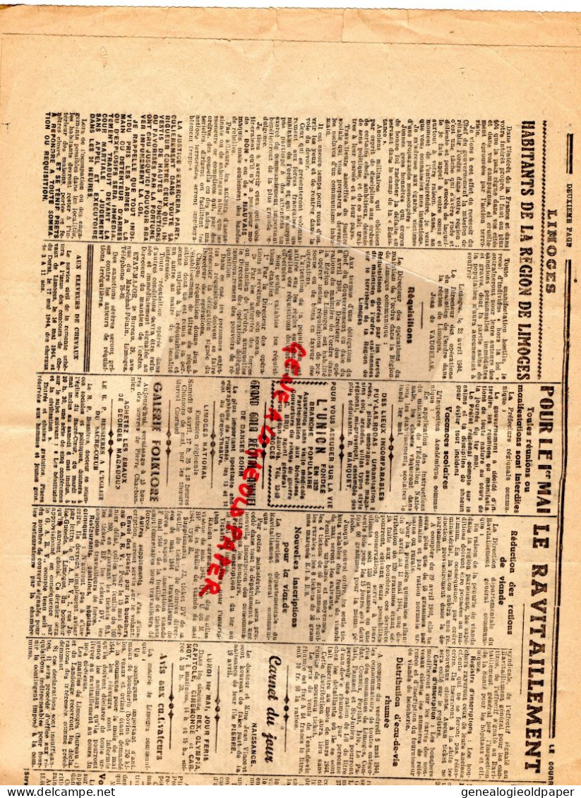 87-LIMOGES- LE COURRIER DU CENTRE-29 AVRIL 1944-VICHY PETAIN- JEAN DE VAUGELAS-KOVEL SEBASTOPOL-GUERRE 1939-1945 - Historical Documents