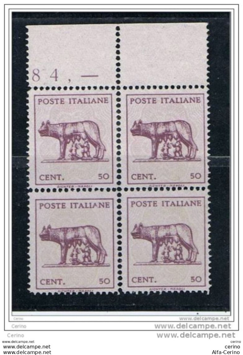 LUOGOTENENZA:  1944  LUPA  -  50 C. LILLA  E  GRIGIO  LILLA  BL. 4  N. -  D. 11 1/4  -  SASS. 515 A - Neufs