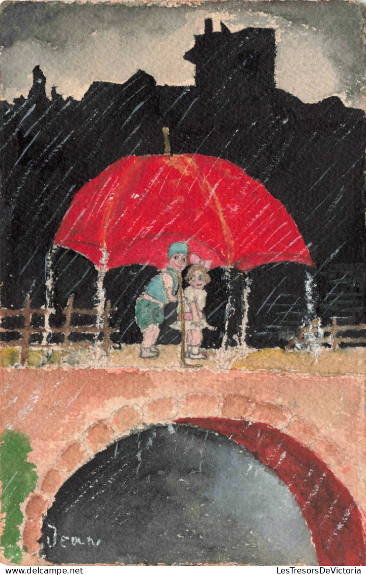 ILLUSTRATEUR SIGNE - Jean - Deux Enfants Sur Un Pont, Sous La Pluie - Parapluie Rouge - Carte Postale Ancienne - Otros & Sin Clasificación