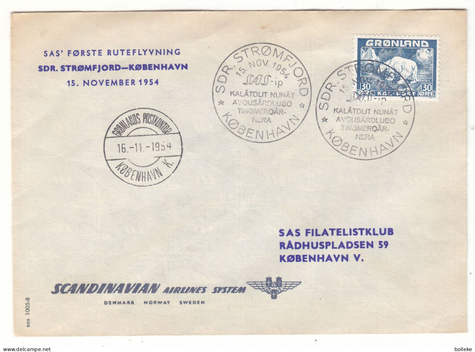 Groenland - Lettre De 1954 - Oblit SDR Stromfjord - Ours - 1er Vol Stromford Kobenhavn - Valeur 78 Euros - Storia Postale