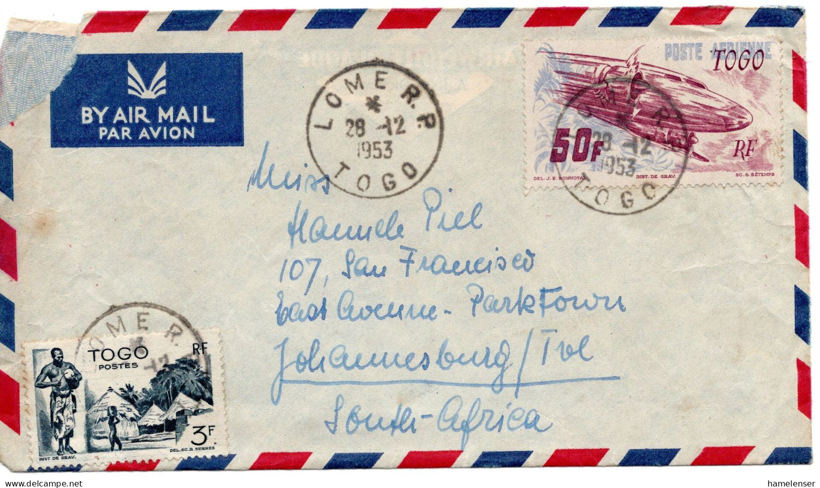 70559 - Togo - 1953 - 50F Luftpost MiF A LpBf (Mgl Li O) LOME -> Suedafrika - Cartas & Documentos