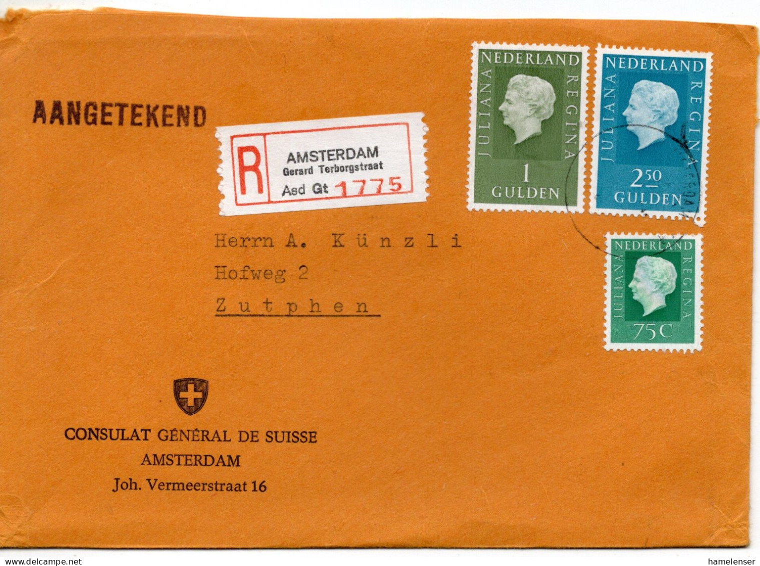 70561 - Niederlande - 1971 - 2,50Gld Juliana MiF A R-Bf AMSTERDAM -> Zutphen, Abs.: Schweizer Generalkonsulat - Storia Postale