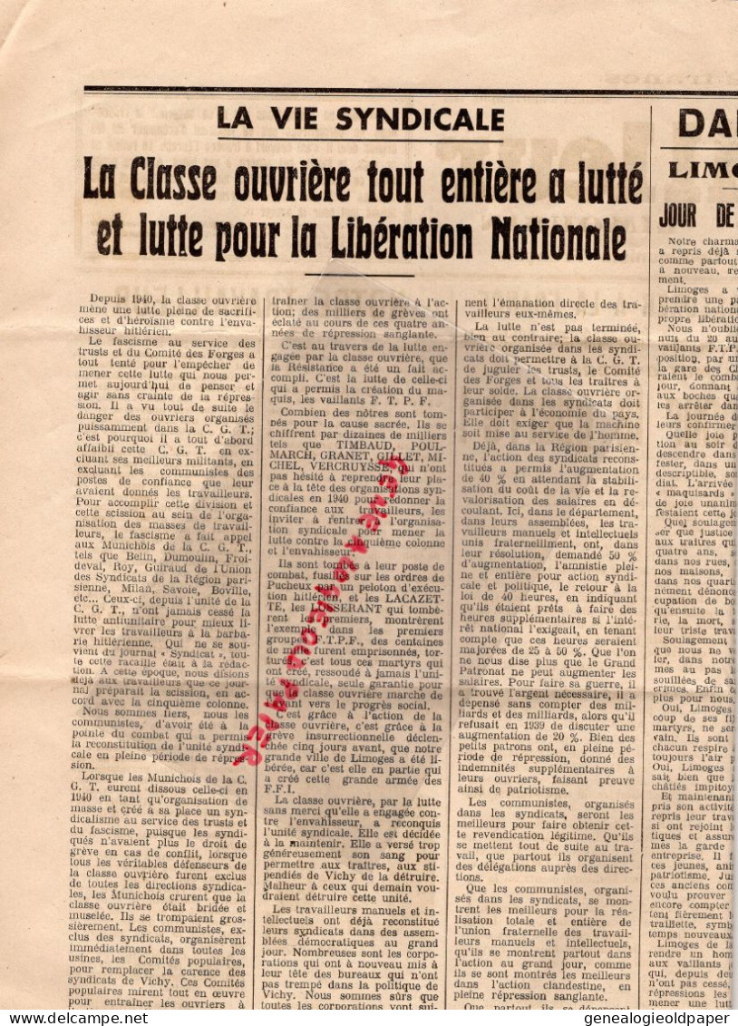 87-LIMOGES- LE TRAVAILLEUR LIMOUSIN-9 -9-1944-GUERRE ORADOUR SUR GLANE-CHADOURNE-ST SAINT JUNIEN LAFONTAN-KOKANOOF-TANDY - Documents Historiques