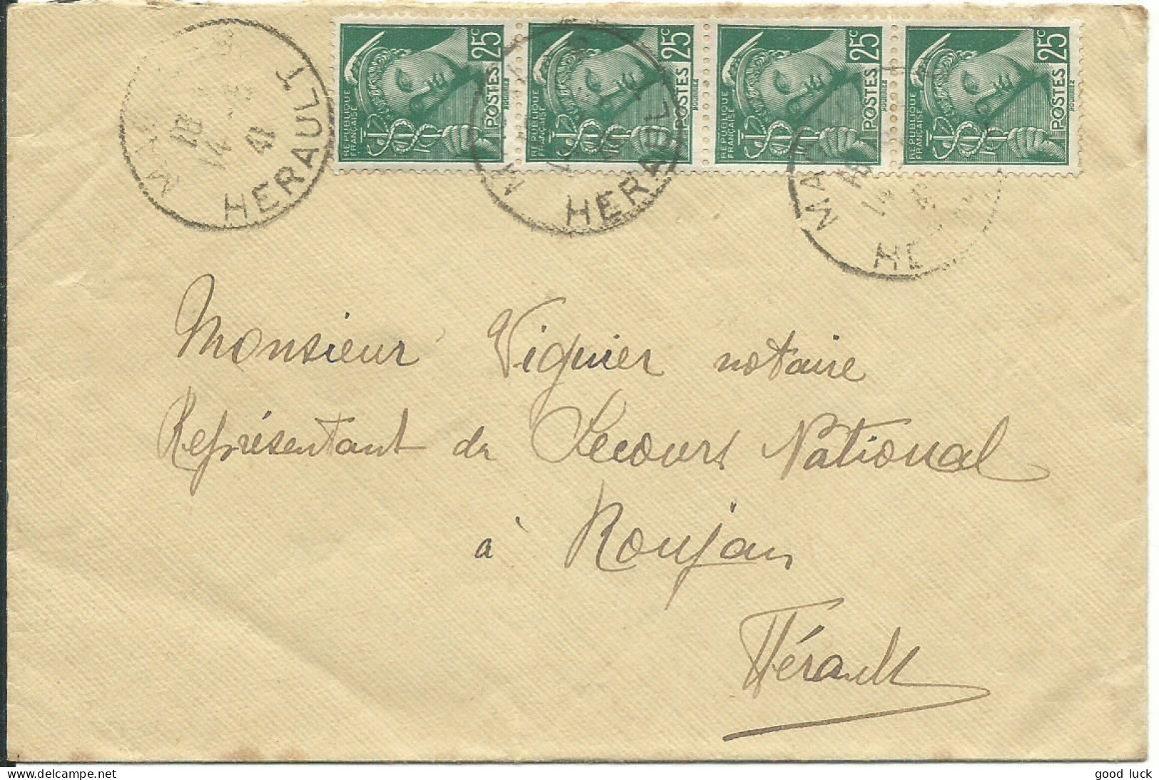 FRANCE LETTRE 1F MAGALAS POUR ROUJAN ( HERAULT ) DE 1941 LETTRE COVER - 1938-42 Mercure