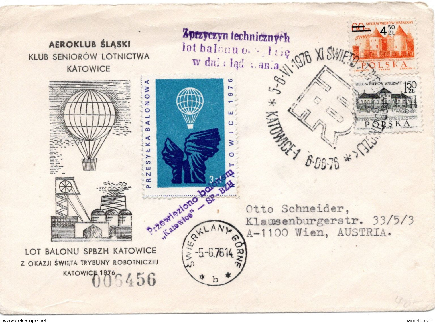 70564 - Polen - 1976 - Zl.4,50/60gr Aufdruck MiF A BallonpostBf SWIERKLANY GORNE -> KATOWICE -> Oesterreich - Briefe U. Dokumente