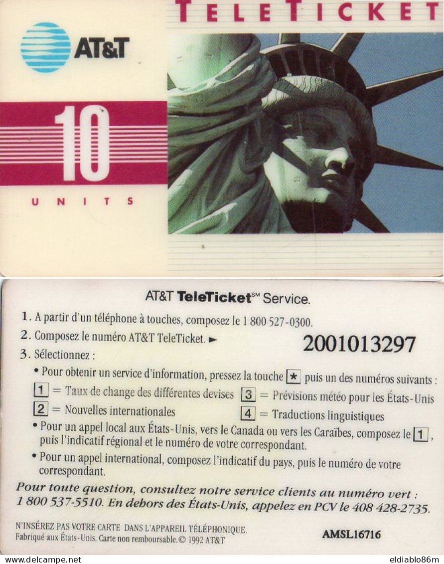UNITED STATES - PREPAID - A&T TELETICKET - STATUE OF LIBERTY PRESS PASS 10U (FRENCH) - 200ex - SCARCE CARD - AS IN PIC - AT&T