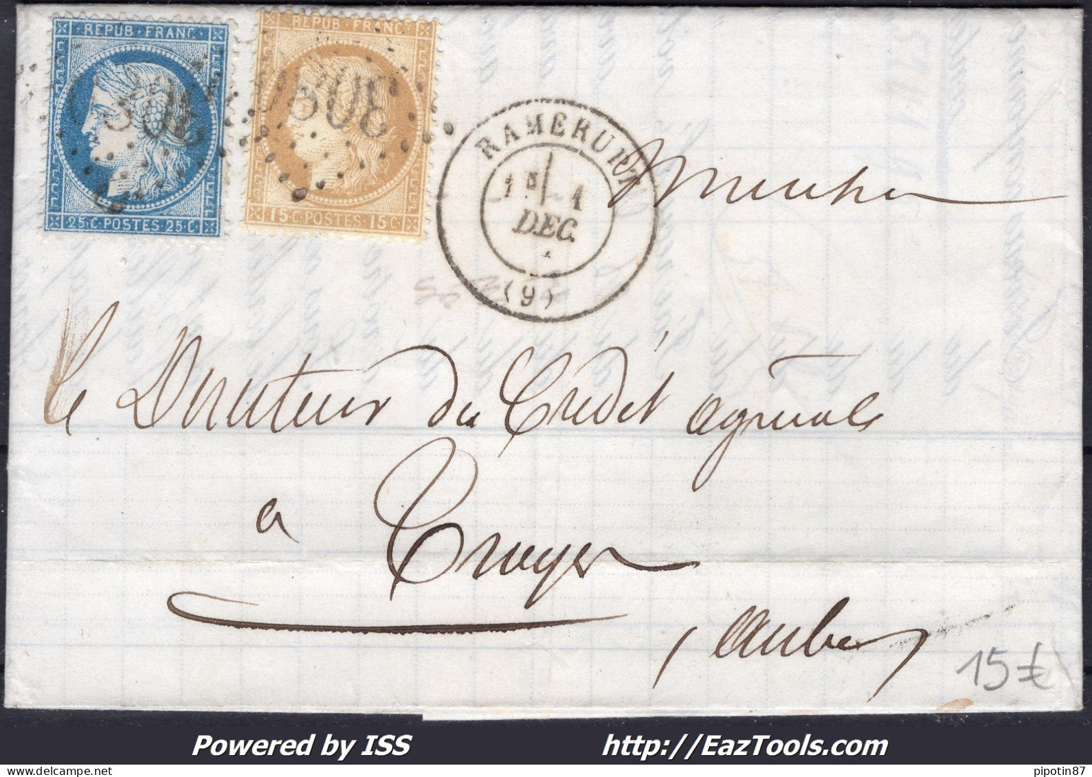 FRANCE N° 55+60C SUR LETTRE AVEC GC 3080 RAMERUPT AUBE + CAD DU 01/12/1875 - 1871-1875 Cérès