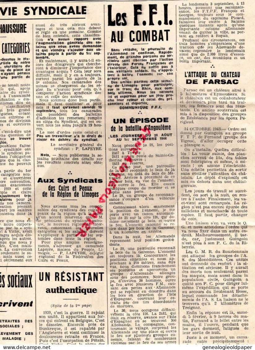 87-LIMOGES- LE TRAVAILLEUR LIMOUSIN-1 -9-1944-GUERRE-RESISTANCE-CHAINTRON-FFI-NONTRON BARTHEL-ST SAINT JUNIEN FTP-FARSAC - Documentos Históricos