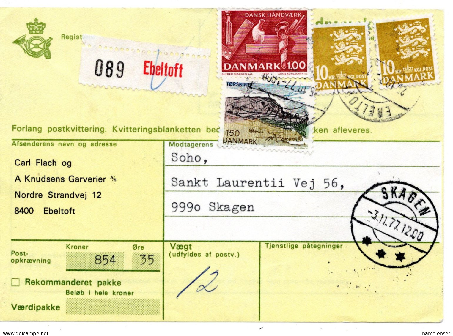 70566 - Dänemark - 1977 - 2@10Kr Wappen MiF A NN-PaketKte EBELTOFT -> SKAGEN - Briefe U. Dokumente