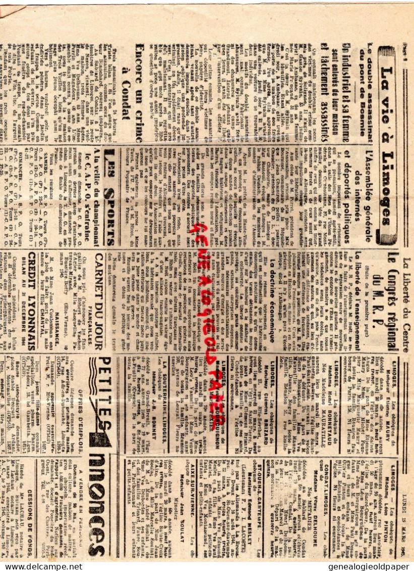 87-LIMOGES- LA LIBERTE DU CENTRE-19 MARS 1945-GUERRE-MRP-GRANDMONT BOSMIE AIGUILLE-AMBAZAC GASTON SYLVAIN-MARIE PRINCAUD - Historical Documents