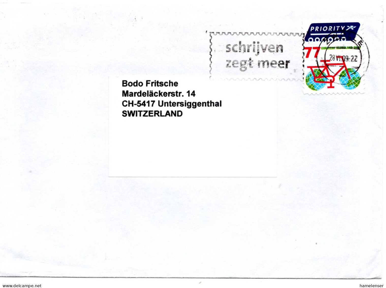 70573 - Niederlande - 2009 - 77c Fahrrad EF A LpBf ZWOLLE - ... -> Schweiz - Lettres & Documents