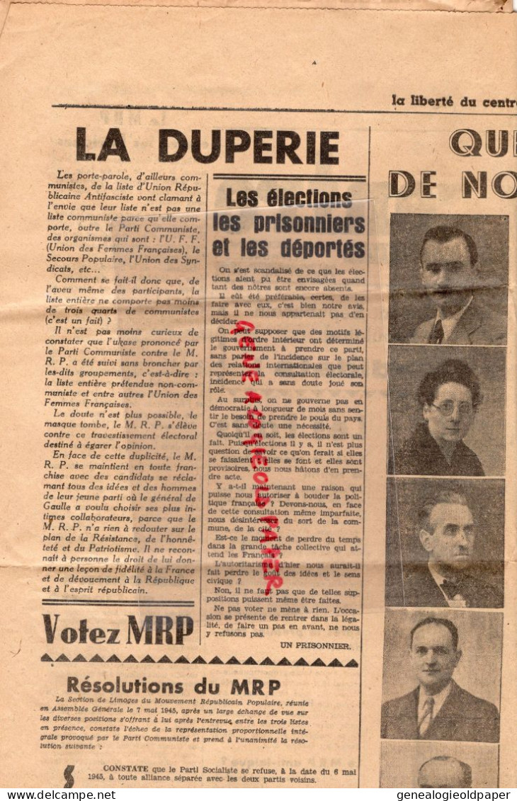 87-LIMOGES- LA LIBERTE DU CENTRE- GUERRE MRP-DE GAULLE-GEORGES BIDAULT-DE MENTHON-TEITGEN-SCHUMANN-RENE REYNES-LANDOUGE - Historical Documents