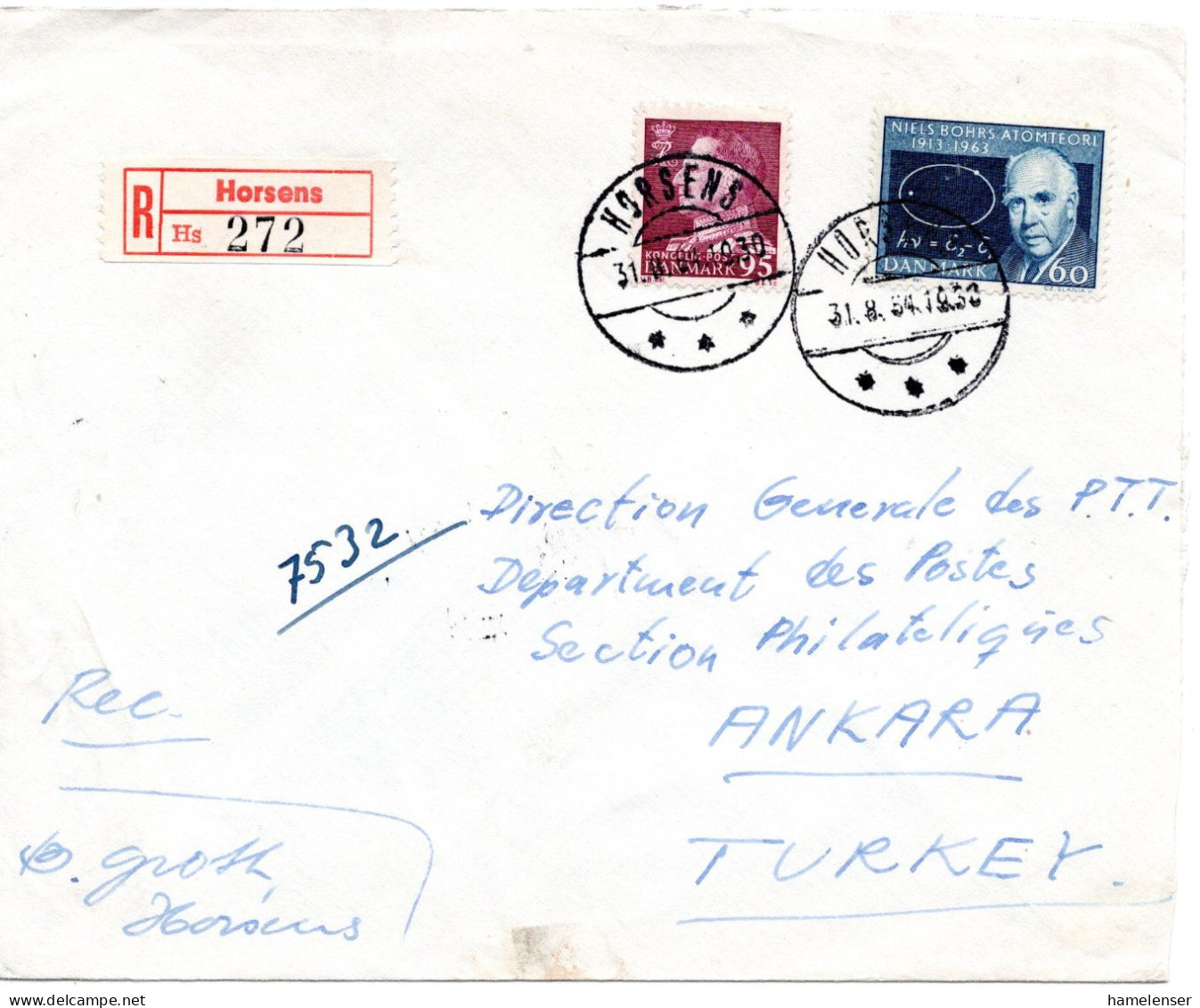 70574 - Dänemark - 1954 - 60o. Bohr MiF A R-Bf HORSENS -> ANKARA (Tuerkei) - Lettres & Documents