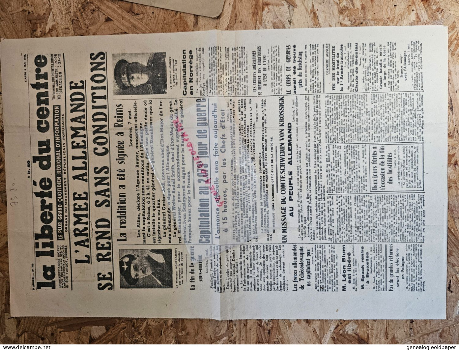 87-LIMOGES- LA LIBERTE DU CENTRE- GUERRE 8 MAI 1945-MARECHAL MONTGOMERY-JOUKOV-CAPITULATION-REDDITION A REIMS-GOEBBELS- - Historical Documents