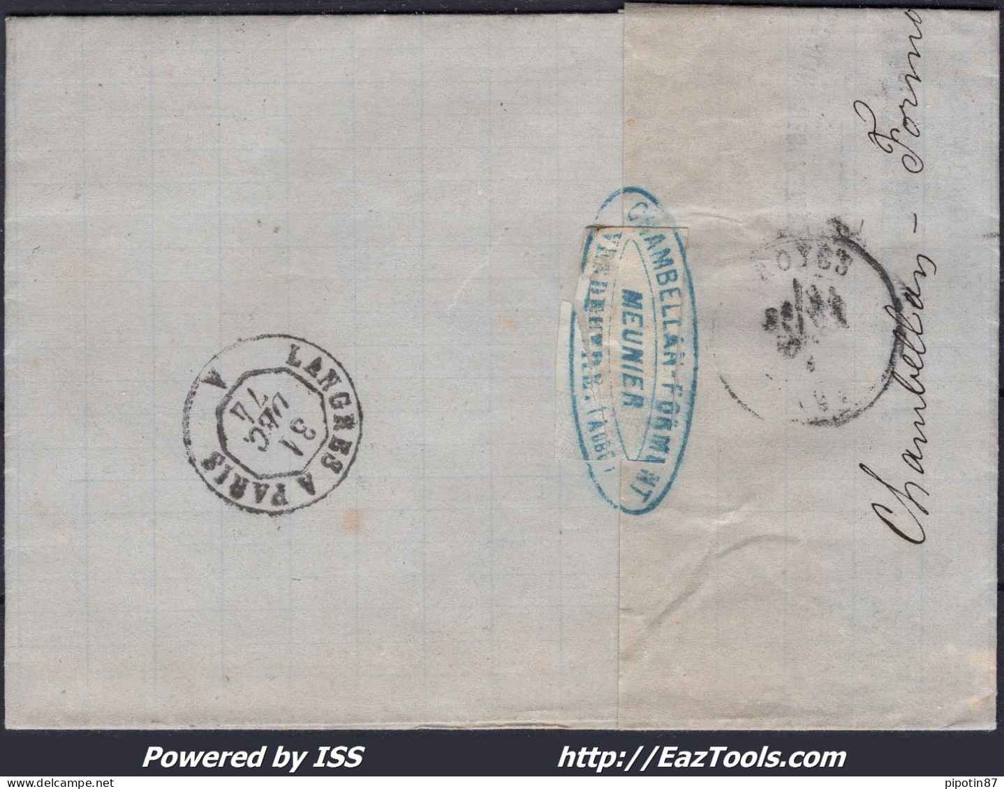 FRANCE N° 60A SUR LETTRE AVEC GC 4128 VENDEUVRE SUR BARSE AUBE DU 31/12/1874 - 1871-1875 Cérès