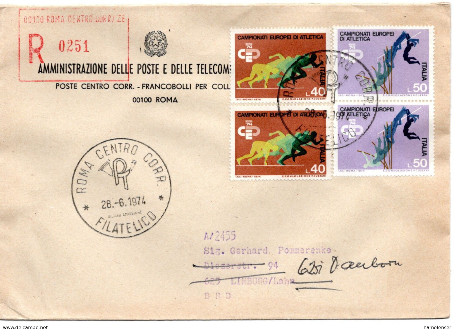 70576 - Italien - 1974 - 2@50L Leichtathletik-EM MiF A R-Bf ROMA -> Westdeutschland, Nachgesandt - 1971-80: Storia Postale