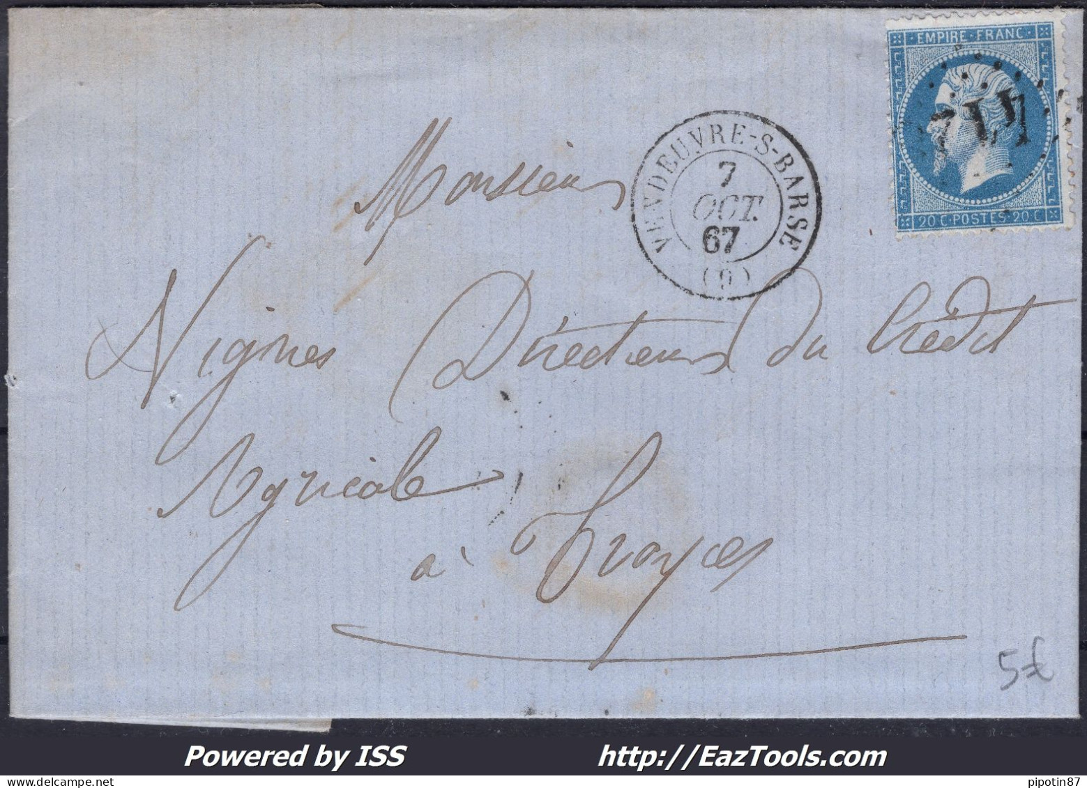 FRANCE N° 22 SUR LETTRE AVEC GC 4128 VENDEUVRE SUR BARSE AUBE DU 07/10/1867 - 1862 Napoléon III