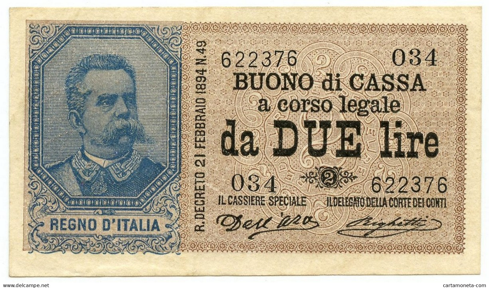 2 LIRE BUONO DI CASSA EFFIGE UMBERTO I 22/02/1894 SPL- - Regno D'Italia – Autres
