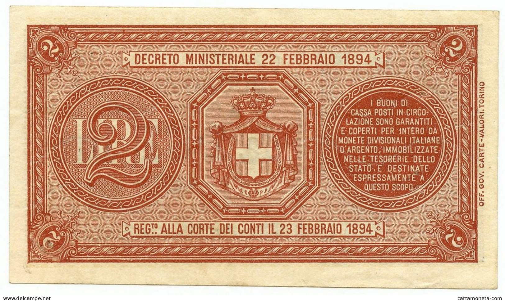 2 LIRE BUONO DI CASSA EFFIGE UMBERTO I 22/02/1894 SPL- - Sonstige