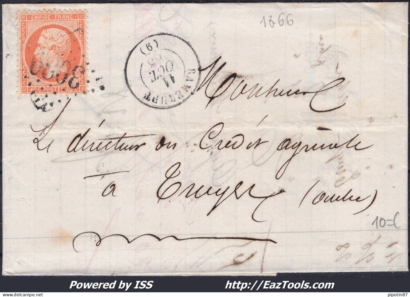 FRANCE N° 23 SUR LETTRE AVEC GC 3080 RAMERUPT AUBE + CAD DU 11/10/1866 - 1862 Napoleon III