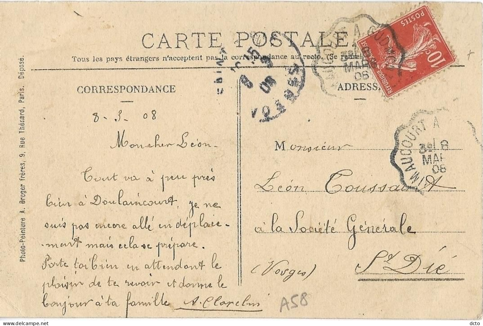 DOULAINCOURT (52) Le Canal Rue De La Gare Ed. Gérard, Envoi 1908 - Doulaincourt