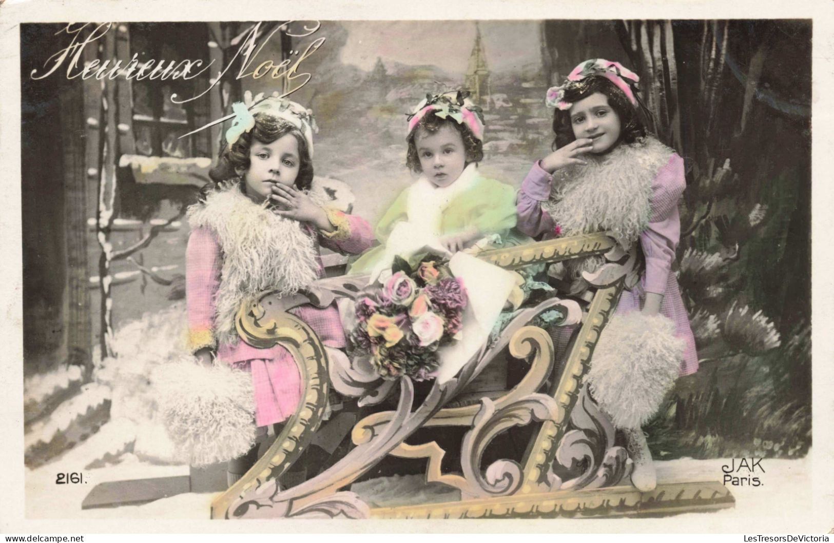 FÊTES ET VOEUX -  Heureux Noël - Trois Fillettes Sur Un Traineau - Colorisé - Carte Postale Ancienne - Andere & Zonder Classificatie