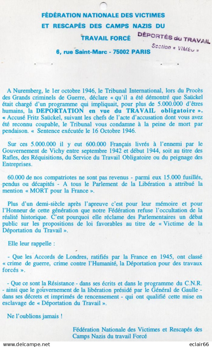 Calendrier Fédération Nationale Des Déportés Du Travail SECTION Du VIMEU Année 1999 Grand Format EDIT REX PAU IMPEC - Grand Format : 1991-00