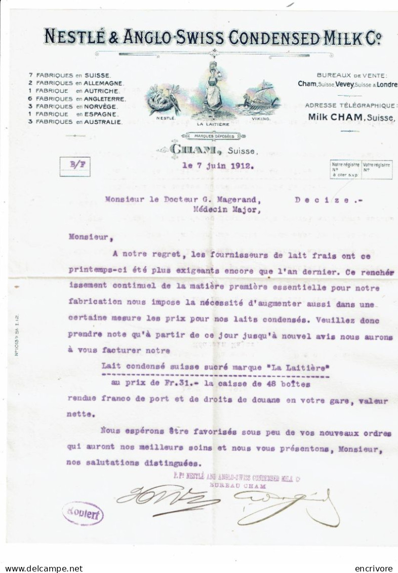 Carton + Lettre LA LAITIERE Lait Concentré Condensé Nestlé Anglo-Swiss CHAM 1912 Magerand Médecin Major - Zwitserland