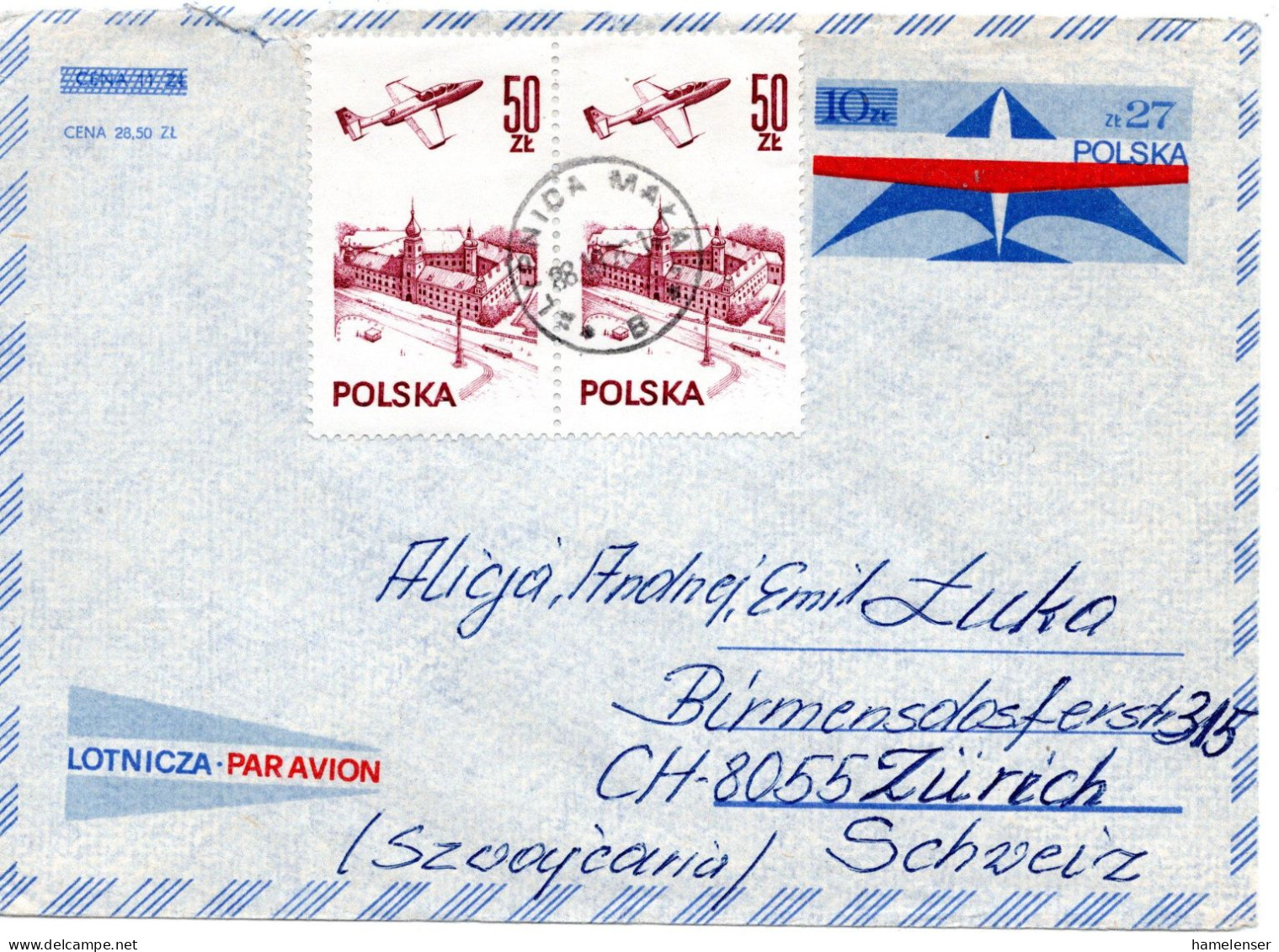 70589 - Polen - 1988 - Zl.27/Zl.10 GALpUmschlag M Zusatzfrankatur LIEPNICA MALA -> Schweiz - Briefe U. Dokumente
