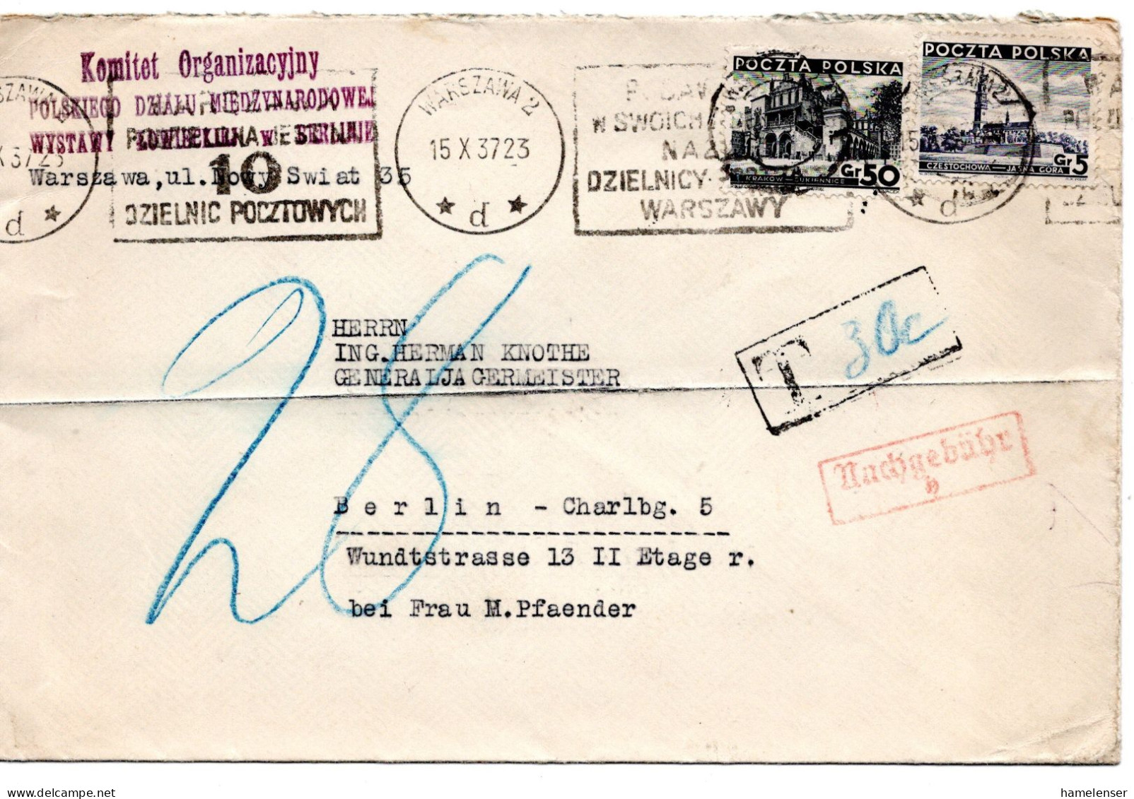 70592 - Polen - 1937 - 50Gr Bauten MiF A Bf WARSZAWA - ... -> Deutschland, M 28Pfg Nachgebuehr - Storia Postale