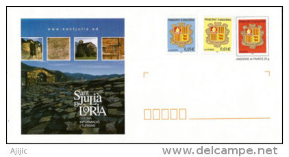 Entier Postal Village De Saint Julia De Loria,église Romane Sant Roma D'Auvinya., Etat Neuf, Avec T-p Blasons Ajoutés - Postwaardestukken & Prêts-à-poster