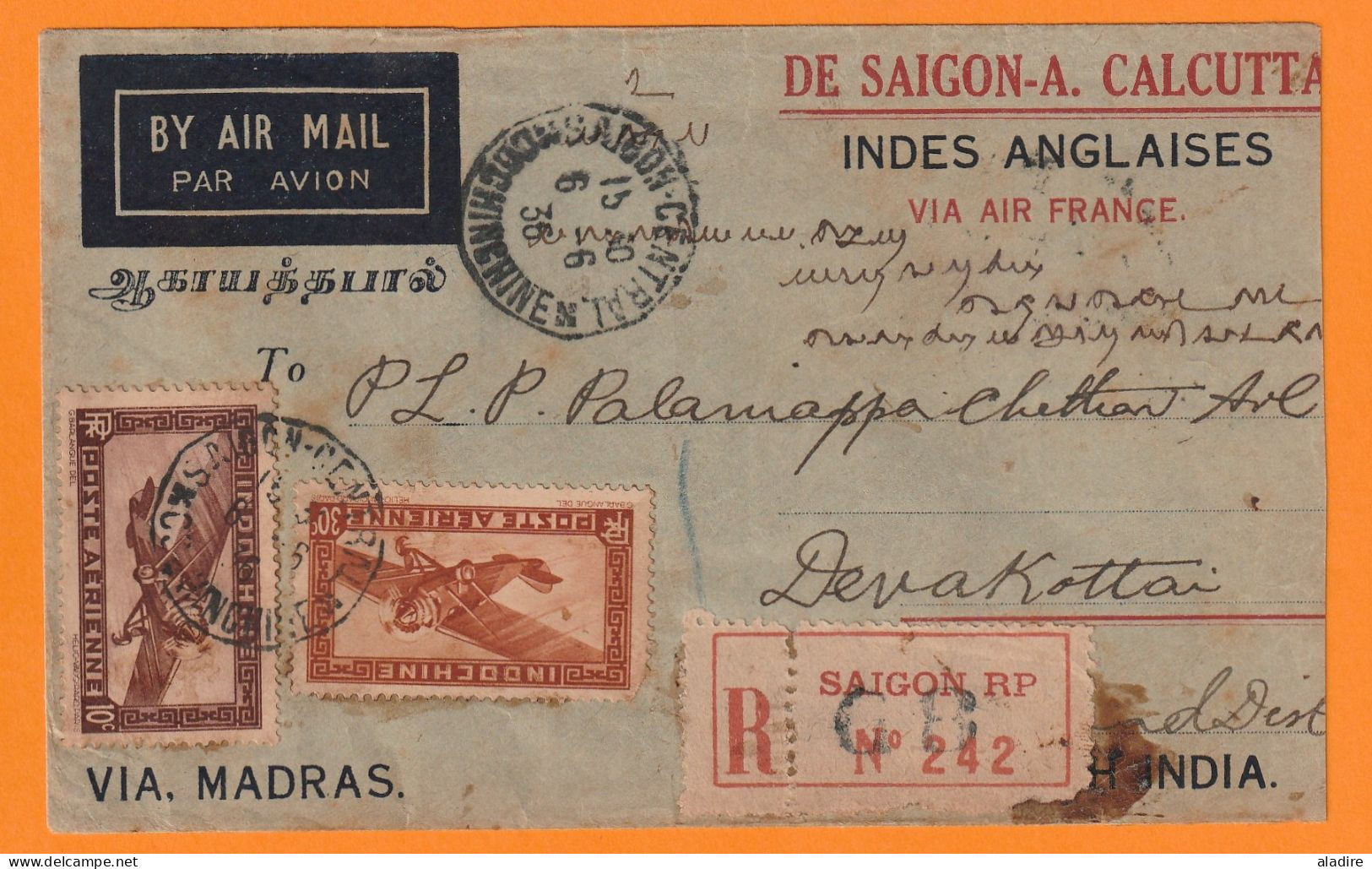 1936 - Envel Recommandé Par Avion De Saigon Vers Devakotta, Inde Via Saigon / Calcutta / Madras Air France - Poste Aérienne