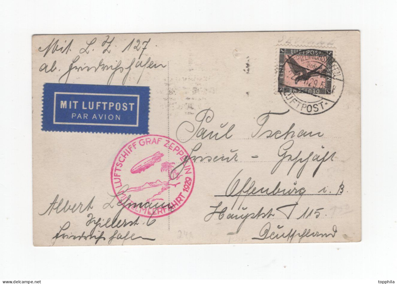 1929 Dt. Reich Besatzungspost Albert Lehmann Auf Zeppelinphotokarte Der Mittelmeerfahrt Zeppelin LZ 127 Si 24 A - Poste Aérienne & Zeppelin