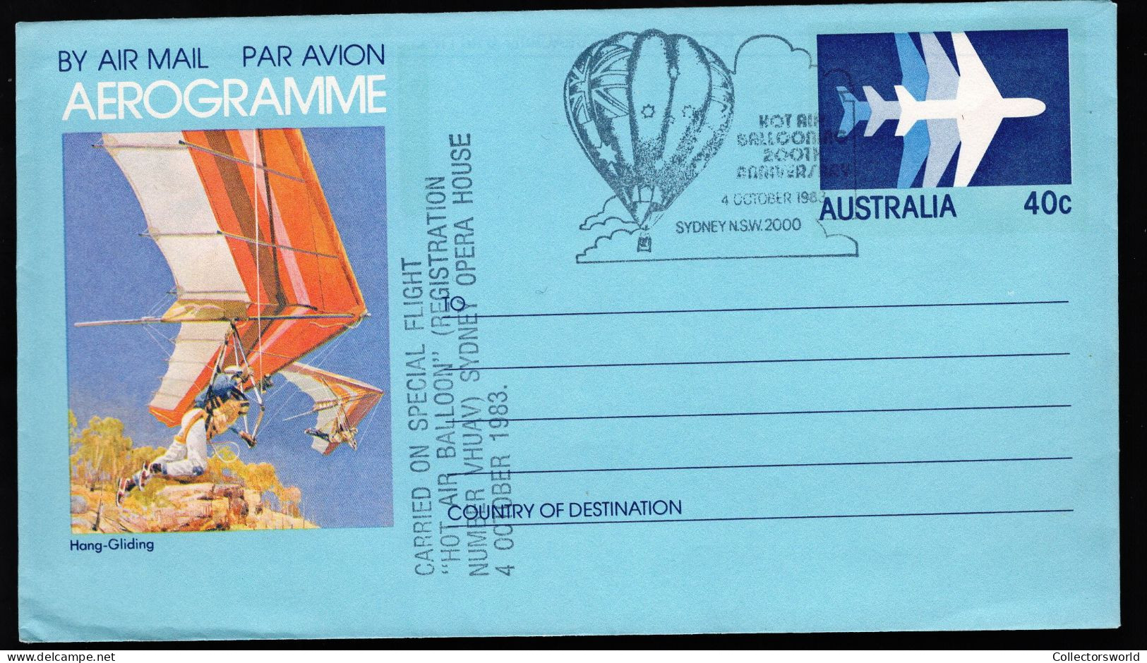 Australia Aerogramme Hang Glider - Carried Special FLight Hot Air Balloon 1983 40c Special Cancellation - Aerogrammi