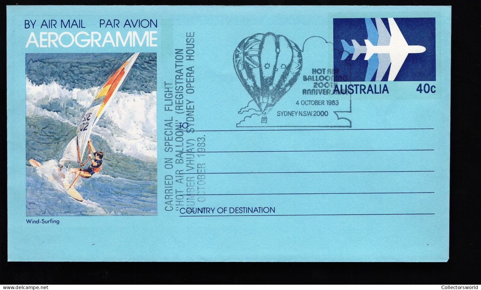 Australia Aerogramme WindSurfer - Carried Special Flight Hot Air Balloon 1983 40c Special Cancellation - Aerogramme