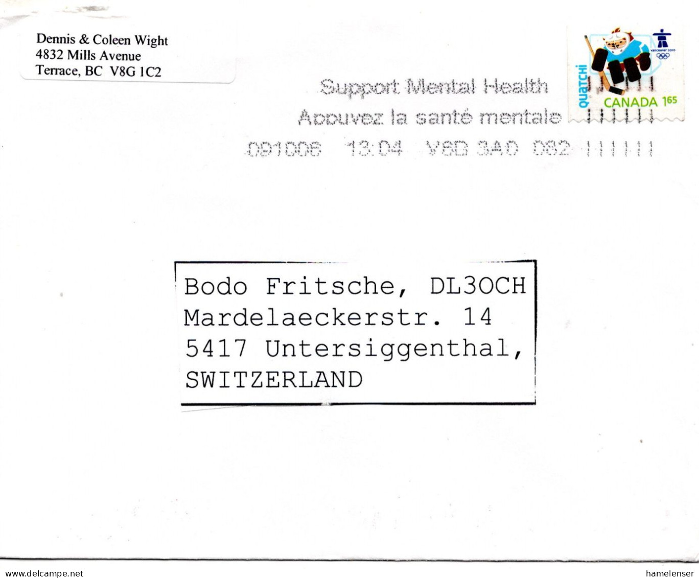 70596 - Canada - 2009 - $1,65 Eishockey EF A Bf V6D 3A0 - SUPPORT MENTAL HEALTH ... -> Schweiz - Invierno 2010: Vancouver