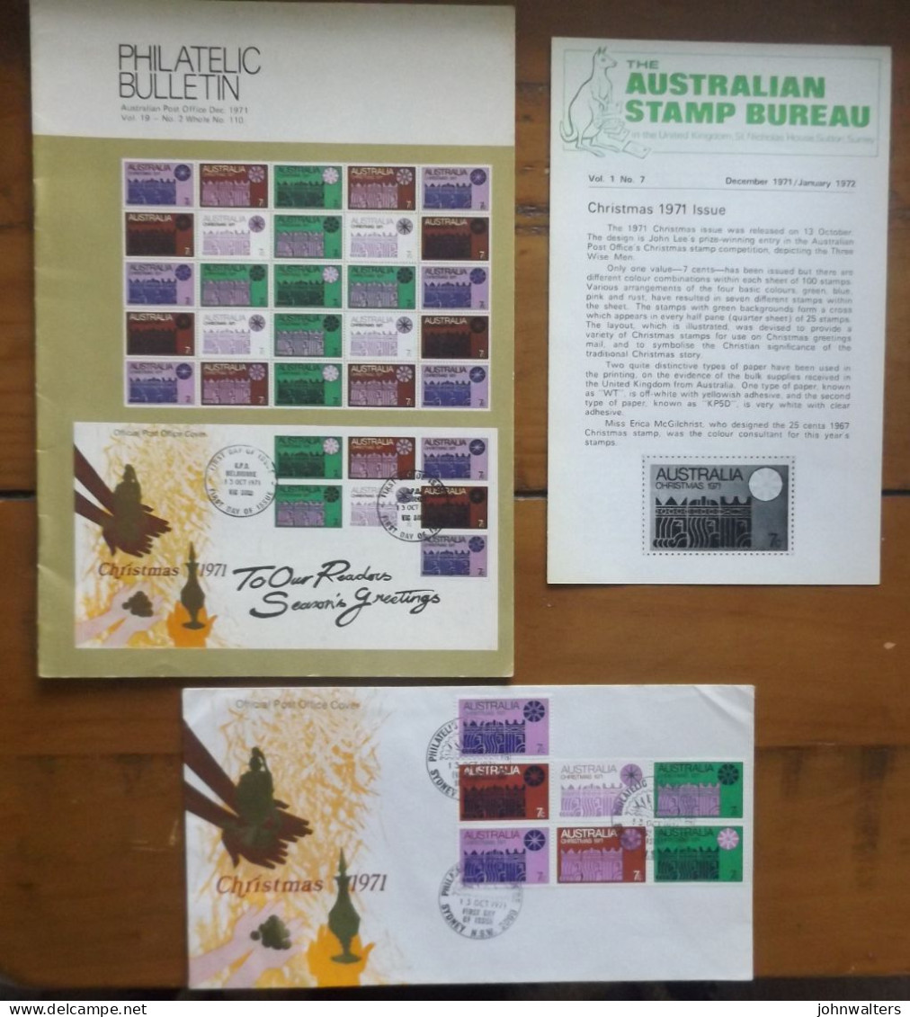 Australia Christmas 1971 FDC Set Of 7 Stamps Philatelic Bulletin Dec 71 Australian  Stamp Bureau Dec 71 / Jan 72 - Cartas & Documentos