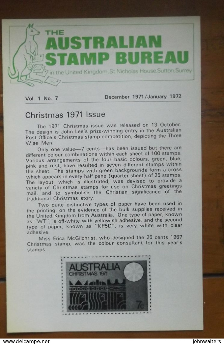 Australia Christmas 1971 FDC Set Of 7 Stamps Philatelic Bulletin Dec 71 Australian  Stamp Bureau Dec 71 / Jan 72 - Covers & Documents